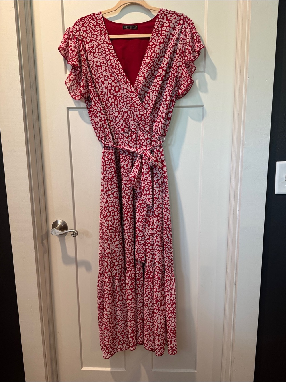 Red Floral Midi Wrap Dress with Tie Waist